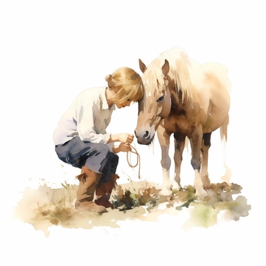 realistic watercolor drawing of a farm woman taking loving care of a pony on a charming farm, on a white background where the background will be removed to repurpose as a clipart.