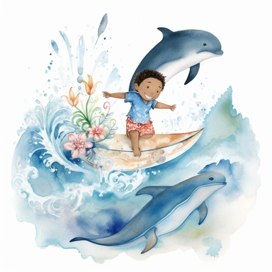 watercolour, adorable, me and the Sea: features an adorable little polynesian boy surfing with dolphins. He is 4 years old, The positive affirmation could be I am confident in my ability to explore the world around me, clipart style