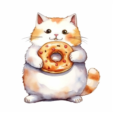 A super cute fat cat eat donut, perfect for nursery art and children’s book illustration style, watercolor illustration, cute, simple, clipart, single object, white background for removing background