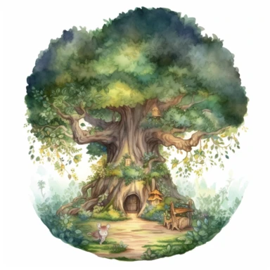 Create One clipart inspired by Enchanted Tree Hollow: Create a clipart of a majestic, ancient tree with a hollow trunk. The hollow serves as a cozy shelter or dwelling for forest creatures like fairies or woodland animals. Surround the tree with lush green foliage, delicate flowers, and soft rays of sunlight filtering through the leaves. Cozzy watercolor style. in 4K. mostly in green color so it can be used in fantasy books.