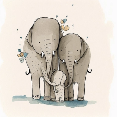 watercolor and ink drawing of a portrait of a family of three happy elephants, one mom elephant, one dad elephant, one baby elephant, clipart, embracing each other, cute pose, cartoon, doodle, happy, smiling, beautiful watercolor ink wash coloring, thick pencil lines, Jon klassen, Adrian tomine, popular on etsy, watercolor illustrations clipart, watercolor illlustrations for kids and children, book illustrations, plain white background