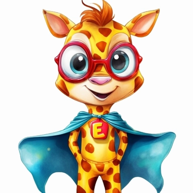 cute Giraffe character wearing superhero custom with happy face,front facing on isolated background,colorful color,with happy face and expression,Animal Sublimation Clipart,no splash watercolor,white background, ultra detailed clipart, cut out image, colorful watercolor realistic, cartoon style, ultra HD, sharp and clean art