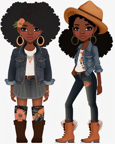 Denim girl clipart, cowboy hat, wearing black knee high boots, Denim clipart, Fashion girl clipart, Jeans Girl Clipart, African American clipart, Afro girls clipart--seed 2829693263,