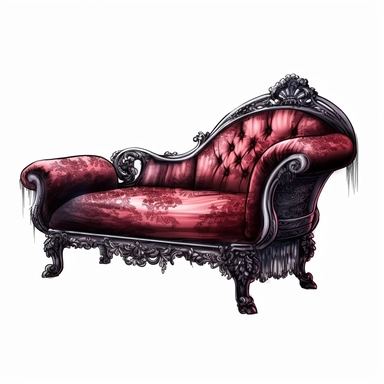 Victorian Gothic fancy formal fainting couch, dark Gloomy shades of red, mysterious, fantasy, highly detailed, 32k, isoplated on a white background, clipart