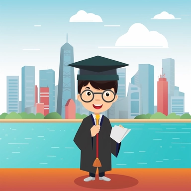 a clip art with a young boy wearing doctorate cap, background in HongKong