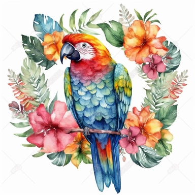 vibrant watercolor cute tropical parrot flapping wings with flowers and leaves surrounding his feet clipart isolated no background