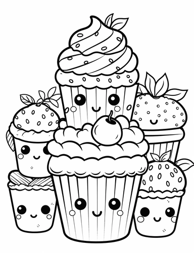 Kawaii muffins with delightful designs and flavors, like blueberry, chocolate chip, and banana For Simple Coloring page,line art, thick lines, black and white,clipart, illustration, on white background,margin Page 10px