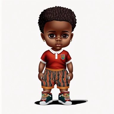 2d clipart, Full body, Gorgeous dark-skinned African American design of Beautiful tiny boy, attractive and chubby, He is wearing Juneteenth print pants, cool juneteenth print shirt, and cool shoes. 8k, white background, hyperrealistic graffitti fire brown color red matte black color white--no doubles