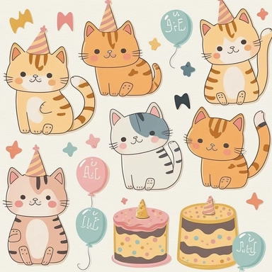 Birthday cats clipart Cute cat party clip art Kawaii kitten Kitty icons Pet animal illustrations white background