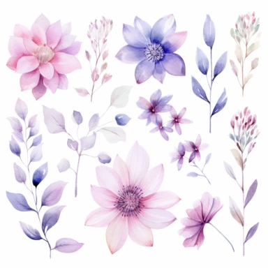 watercolor flower elements, clipart, Pink colors light and pastel, with Focus on pinks, blues and purples, flower petals, leaf elements, blossom elements, white background, 8k, high resolution
