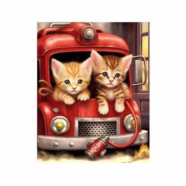 Nestled inside and out of a fireman boot, outside the big doors of a fire out, a pair of adorable, fluffy kittens romp, fire engine clipart