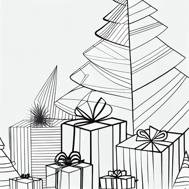 Christmas Presents, tree, gifts, clipart style, line art, bold lines, smooth lines, clean, white, mono, fun, simple, “interesting complimenting background” uhd, 32k