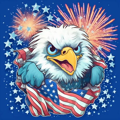 Super cute, American flag with blad eagle with firework Sublimation Clipart, Cartoon funny, Cute anime, Very detailed, blue skycolorful background