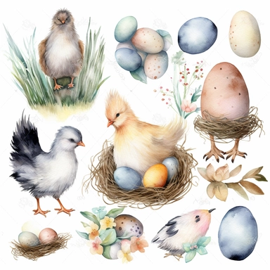 Easter Clipart, Easter Bunny, Easter Eggs, Easter Watercolor, Bunny Clip Art, Chicken Eggs, Kids Clipart, Farm Animal, Watercolor Sublimation design, white background for removing background no text font watermark shadow