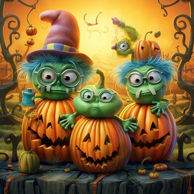 COMIC/CARTOON fantasy magical wacky cute little pumpkin monsters sitting on a fence,large eyeglasses, hats, muted colors, swirls, twists, twirls, metallic, glitter, stylized, funny, centered, airbrushed, digital oil, detailed illustration, clip art, cartoon, 8k, ar 9:8