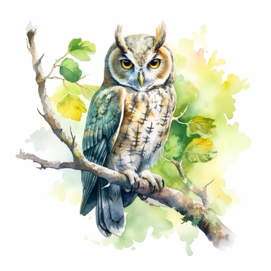 Create a watercolor clipart of a great owl sitting on a lime tree branch. Focus on rendering the detail of the owl's intense, calming, and sharp gaze.