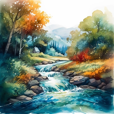 A vibrant watercolour landscape featuring a lively river flowing through a colourful forest. The style is bold and expressive, with bright colours and dynamic brushstrokes. The river is alive with movement, as it rushes over rocks and around bends. The trees are ablaze with autumn colours, creating a stunning contrast with the cool blues of the water. The clipart is highly detailed, with intricate textures and patterns in the foliage and water. The lighting is bright and cheerful, casting warm h