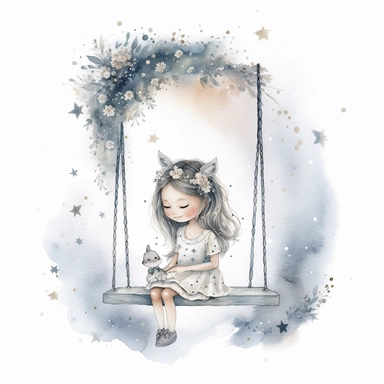 pale soft little girl, 5 years, long haïr, sitting on a swing hanging under a très, with flower headband, in the style of whimsical, stars, moon, detailed character illustrations, book illustration, watercolor style, textured paper, white background clipart