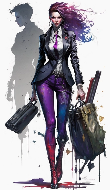 Cyberpunk Elegant Woman, long legs, mysterious, waring suit, badge on the suit, deadly gun in hand , holding a briefcase , full-body, black + blue + purple + red colored clothes, big smile, clip art, white background, watercolor, hyperrealism, high detail, individual elements, invincible--q 2