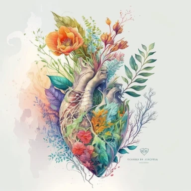 Generate a beautiful digital watercolor clipart illustrating flowers growing from a human heart, replacing the traditional vase. The art should evoke a sense of spring, with a variety of flowers in vibrant, spring-like colors. The heart from which the flowers grow should be detailed and realistic, adding a touch of whimsy and symbolism to the piece. The flowers should bloom from the realistic heart, they should bloom and be beautiful.