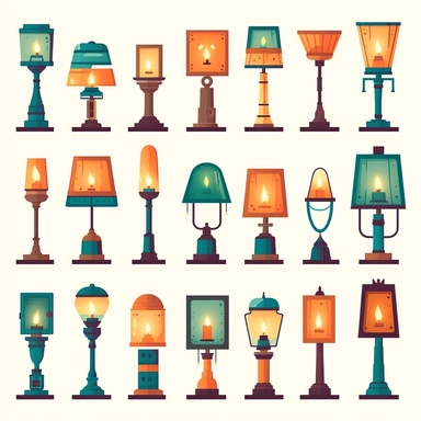 lamps vector clipart vector lamps cute collection, in the style of #screenshotsaturday, flat areas of color, flat color blocks, 1970–present, rough-edged 2d animation, lightbox, colorful animation stills