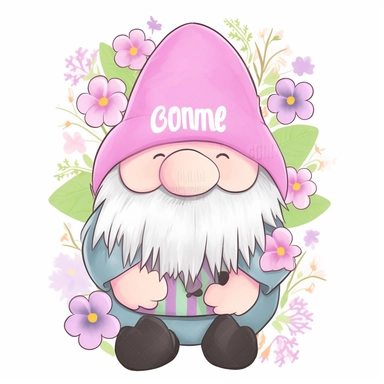 an adorable, cute clipart-style Gonk gnome illustration, perfect for Mother's Day product designs. A sweet, cheerful expression and wear a soft pastel-colored outfit, incorporating gentle shades of pink, lavender, and mint green to convey a warm, motherly vibe. Add charming details such as a floral-patterned hat, a small bouquet of flowers in its hand, and a heart-shaped pendant around its neck, a simple, flat design with clean lines, making it easy to print and incorporate into various Mother's