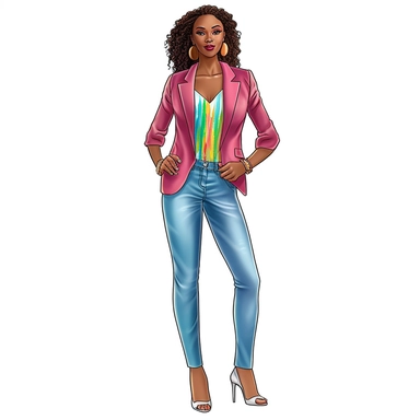 ultra realistic, clipart, hand-drawn, young African American woman is wearing a vibrant and colorful suit jacket, ripped denim jeans that fits her curvy hips, she has glowing skin. She completes her outfit with a pair of simple and elegant high heels that complement the suit jacket. She has ultra long, ultra straight silk pressed hair is carefully styled, framing her face and cascading down her back. Her confident and radiant smile adds to her beauty and grace, making her stand out in any crowd.