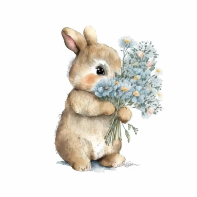Little bunny holding flowers, clipart, High Quality, white background, Watercolor