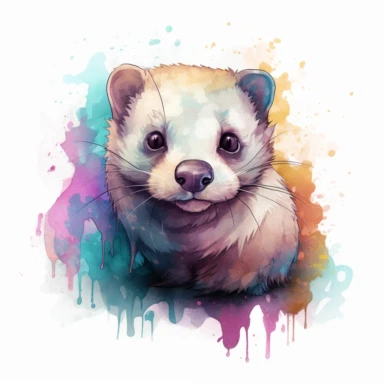 A detailed illustration an ferret, t shirt design, in the style of Studio Ghibli, pastel tetradic colours, 3D vector art, cute and quirky, watercolor clipart, white background watercolor effect, Adobe Illustrator, hand-drawn, digital painting, low-poly, soft lighting, bird's-eye view, isometric style, retro aesthetic, focused on the character,