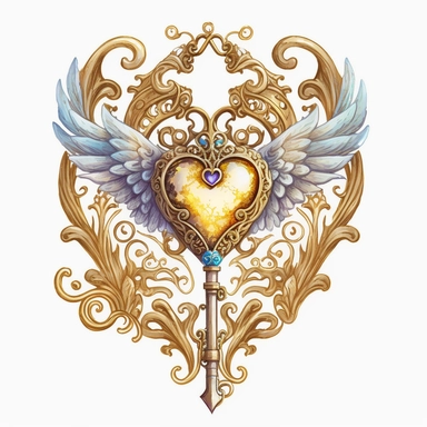 golden key with wings, with a heart, elven filigree, watercolor clipart, white background, high detail