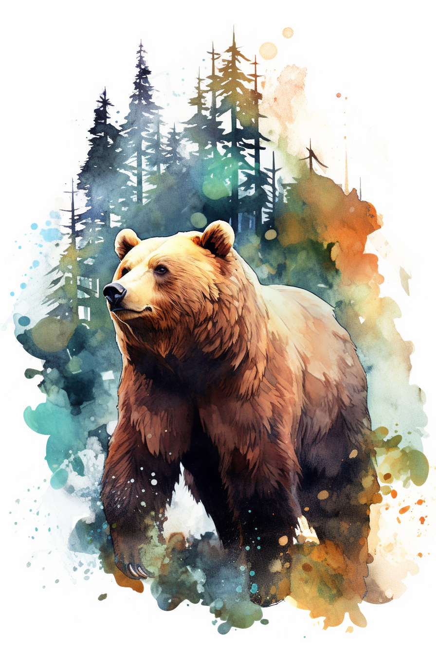 Watercolor brown bear and forest, nature, very vivid colors, highly ...