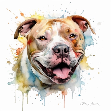 cute American Pit Bull Terrier dog portrait, full face, centered shot, side shot, dynamically posed, in action, playful mood, happy mood, playing mood, cute face, adorable smile, childlike eyes, clean watercolor illustration, white background, nursery baby imagery, painting, detailed, 8k, PNG, clipart,