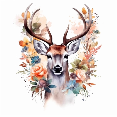 Cute Beautiful Deer Buck Floral Watercolor Sublimation Clipart, Cartoon,hyper realistic, intricate detail, illustration style,high solution,on the white background