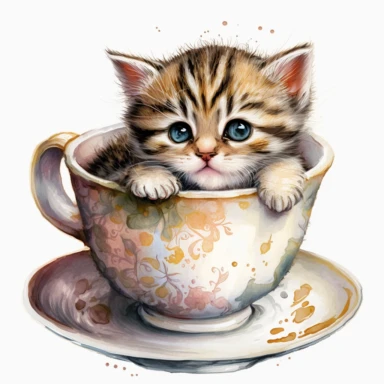 A charming watercolor clipart of a small kitten joyfully playing inside a teacup, its fur portrayed with lively brushstrokes and vibrant colors, capturing the kitten's energy and lively nature, while conveying a sense of warmth and happiness, Artwork, watercolor painting on watercolor board,