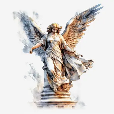 angel statue watercolour in the style of digital airbrushing, realistic yet stylized, digitally enhanced, elaborate costumes, 32k uhd, clipart, white background
