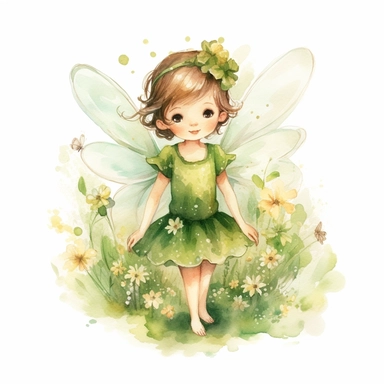 adorable fairy angel in lush green landscape, small flower bloom, cute character, watercolor styles, high definition, Sublimation Clipart,hyper realistic, intricate detail, illustration style, isolated on white background for removing background