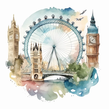 a pixar cartoon tower bridge, london eye, big ben an buntings, Etsy watercolor clipart svg white background