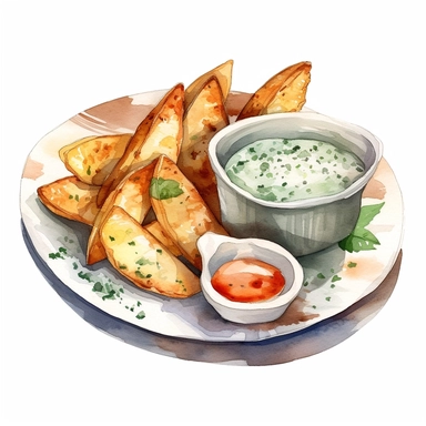 Watercolor detailed illustration ofPotato wedges served with dipping sauce on a plate, clipart, white background