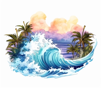 Cute Beautiful Wave Beach Tropical Watercolor Sublimation Clipart,Cartoon, hyper realistic, intricate detail, illustration style,high solution,on the white background , 32k resolution, ultra high definition