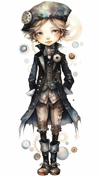 watercolor mixed media goth steampunk boy entire body illustration clipart by holly hobbie