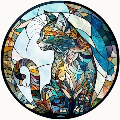 Stained Glass cat ornament,in the style of circular, артур скижали-вейс, animated mosaics clipart on a white background, shutterstock contest winner, generative art, detailed painting, digital illustration, photoillustration isolated on white background, digital watercolor