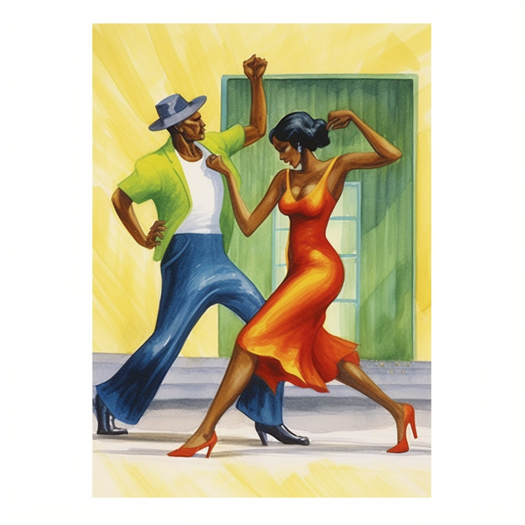 a black couple jazz dancing, dressed in red, green and yellow, the ...