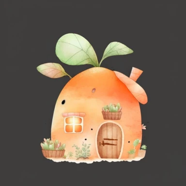 , a cute carrot house illustration clipart, minimal, watercolor style, orange pastel, on white background, by connieartwork, 8k, high resolution