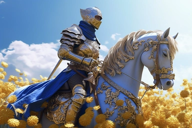 Detailed, Cinematic, Hyper-realistic photo, of anime boy as a knight with mask on his face riding a horse, full-length portrait, wide field of view, centered, showing entire body, award-winning cinematography,ready for battle, highly detailed, isolated on white, clipart,with gold and surrounded by blue flowers under sunshine, full image, clean background, aesthetic, super detailed, supernatural, photorealistic, realistic representation, hyper resolution, high magnification, magical visuals, soft
