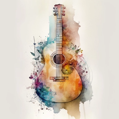watercolour acoustic guitar pretty, no color background, tempera clipart illustration, drawn in Illustrator