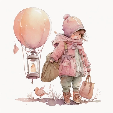 watercolor, very cute little child in a pastel pink coat with lots of pockets, cowboy hat, baby orange trousers, holding a toy, with a backpack, on a vintage victorian hot air baloon, sorounded by birds, and some big lanterns behind, clipart, white background