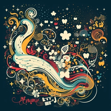 beautiful dreamy artwork for t shirt graphic, beautiful dreamy artwork for t shirt graphic, Imagine a world where gratitude fills our hearts, radiating positivity and contentment.dreamy, fireworks of MUSIC NOTES and scrolls, CONTOUR, VECTOR IMAGE, FLAT , simple, sharp, detailed, clipart