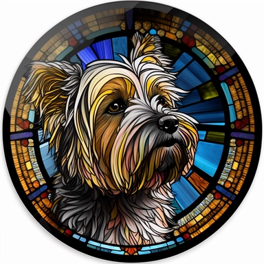 clipart stained glass dog close up round glass window, vivid colors