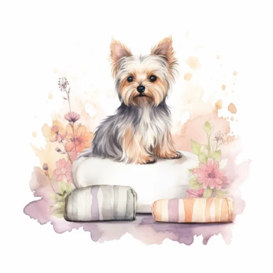 Yorkshire Terrier sitting on a cushion in a cozy living room, surrounded by soft pastel colors and floral patterns, white background, watercolor clipart.