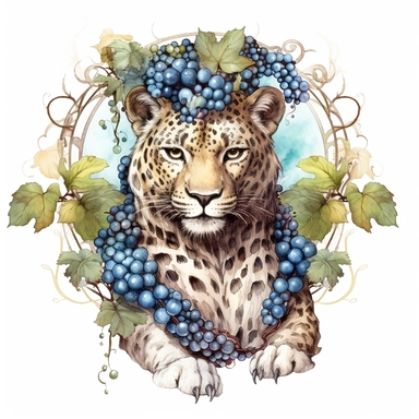 Fantasy Style Leopard wearing crown around with grapes and gravines at the forest full of vineyard,grape trees,grapevines with watercolor effect,grapwines and grapes,suitable for digital clipart,white background,Mythologic Scene,Unrealistic Scene